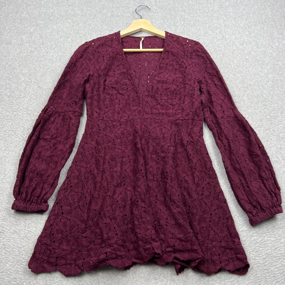 Free People Lace Mini Dress Womens 4 Burgundy Floral V-Neck Long Sleeve Scallop